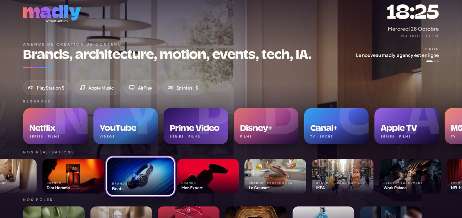 TV d'accueil : réalisations en vidéo, applis et entrées sur un seul écran.
